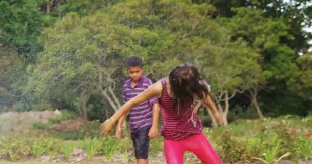 Kids playing with garden sprinkler — Stock Video