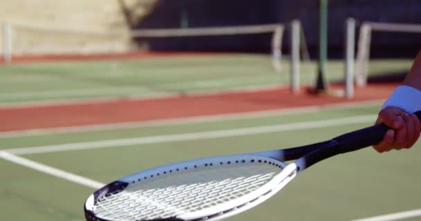 Mujer jugando al tenis en la cancha — Vídeo de stock