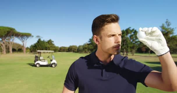 Jogador de golfe examinando a bola de golfe — Vídeo de Stock