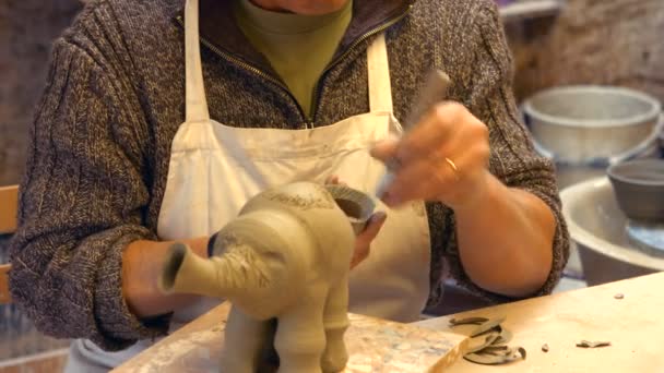 Potter travaillant sur la sculpture en argile — Video