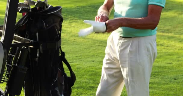 Mannelijke golfer dragen golf handschoen — Stockvideo