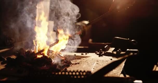 Mano de herrero calentando varilla de hierro en fuego — Vídeos de Stock