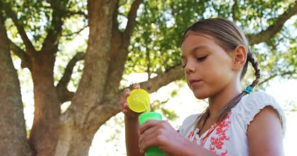 Menina soprando bolhas através da varinha bolha — Vídeo de Stock