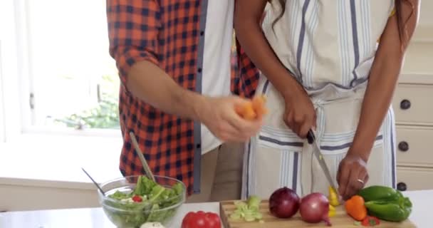 Pareja picando verduras en la cocina — Vídeo de stock