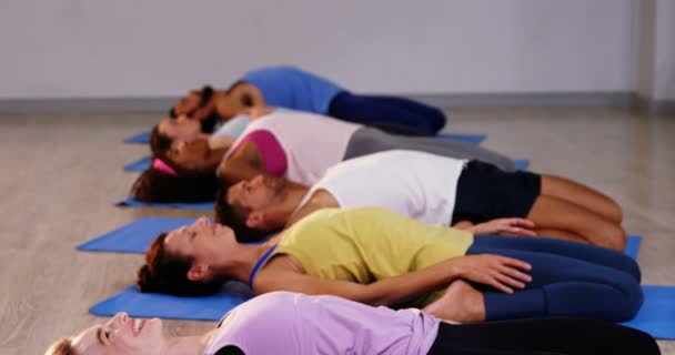 Gruppe von Menschen, die Yoga durchführen — Stockvideo