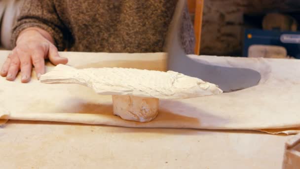 Поттер работает над глиняной скульптурой — стоковое видео
