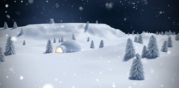 Illuminated igloo with trees on snow field — Stock Photo, Image