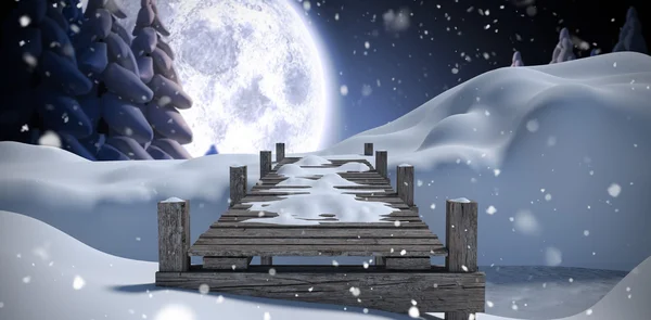 Wooden bridge on snow covered mountain — Stock Photo, Image