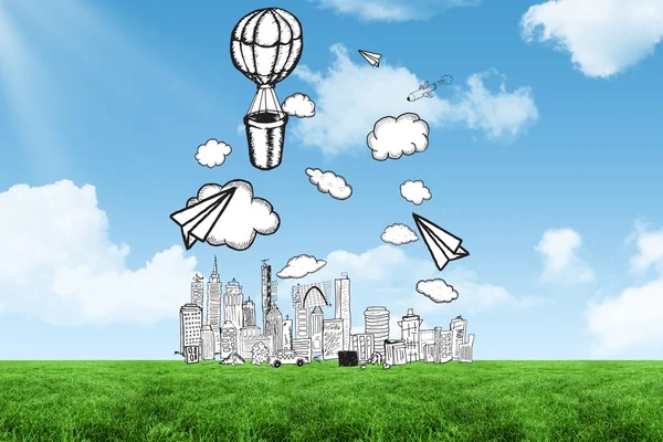 Miasto doodle pod błękitne niebo w dziedzinie — Zdjęcie stockowe