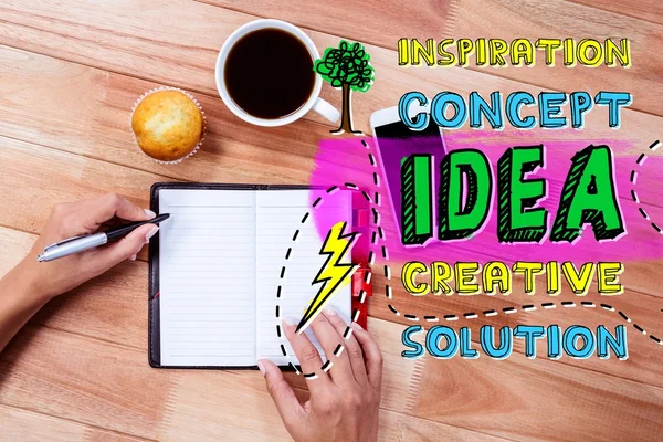 Idea text with desk background — Stock Photo, Image
