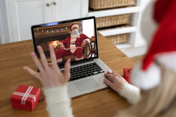 Caucasian Woman Spending Time Home Christmas Using Laptop Computer Video — Stock Photo, Image