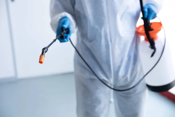 Mid Section Male Doctor Scientist Wearing Protective Clothing Cleaning Spraying — Stock Photo, Image