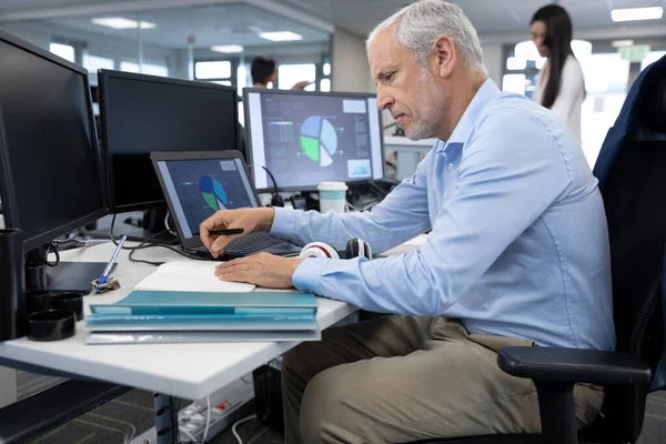 Senior Caucasian Businessman Working Modern Office Sitting Desk Computers Holding — Stock Photo, Image