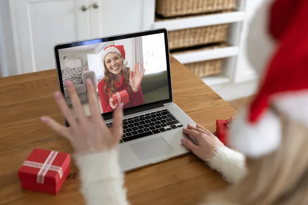 Caucasian Woman Spending Time Home Christmas Using Laptop Computer Video — Stock Photo, Image