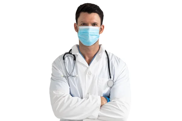 Portrait Caucasian Male Doctor Wearing Face Mask Stethoscope Lab Coat — Stock Photo, Image