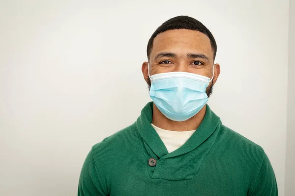 Portrait African American Man Afro Hair Home Wearing Mask Looking — Stock Photo, Image