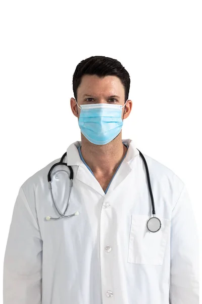 Portrait Caucasian Male Doctor Wearing Face Mask Stethoscope Lab Coat — Stok Foto