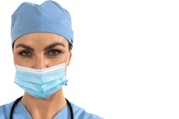 Portret Van Een Blanke Vrouwelijke Chirurg Met Gezichtsmasker Chirurgische Handschoenen — Stockfoto