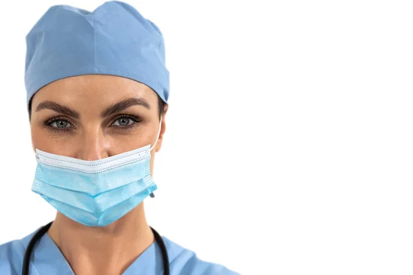 Portrait Caucasian Female Surgeon Wearing Face Mask Surgical Gloves Scrubs — Stock Photo, Image