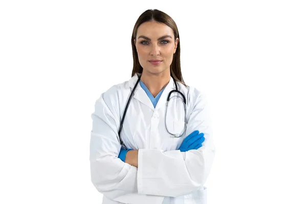 Retrato Médica Caucasiana Vestindo Luvas Cirúrgicas Estetoscópio Jaleco Com Braços — Fotografia de Stock