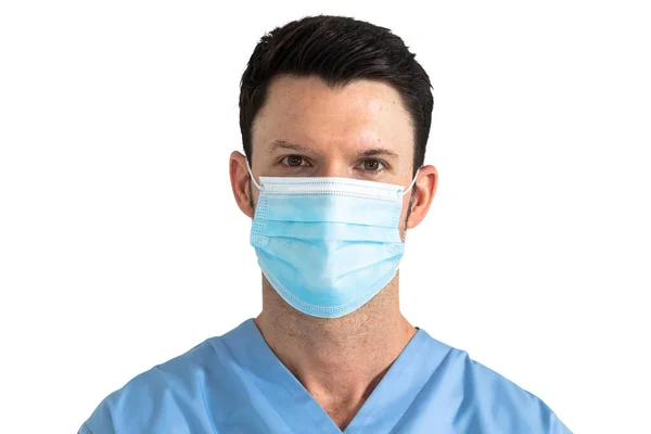 Portret Van Een Blanke Mannelijke Arts Met Gezichtsmasker Gekruiste Armen — Stockfoto