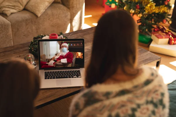 Rear View Woman Daughter Having Videocall Santa Claus Wearing Face — Stock Photo, Image