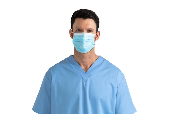 Portret Van Een Blanke Mannelijke Arts Met Gezichtsmasker Scrubs Die — Stockfoto