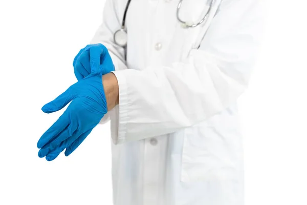 Mid Section Doctor Wearing Lab Coat Stethoscope Putting Protective Surgical — Stock Photo, Image