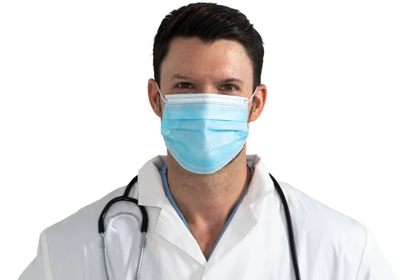 Portrait Caucasian Male Doctor Wearing Face Mask Stethoscope Lab Coat — Stok Foto