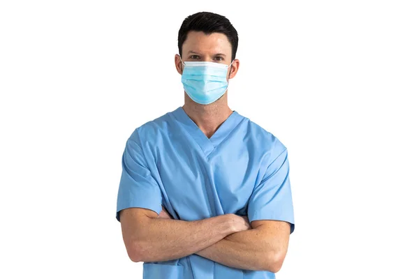 마스크와 수술복을 착용하고 배경에 카메라를 의사의 초상화 의학상의 코로나 바이러스 — 스톡 사진