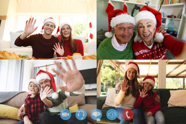 Cztery Ekrany Pokazujące Ludzi Noszących Czapki Mikołaja Rozmawiających Przyjaciółmi Uśmiechających — Zdjęcie stockowe