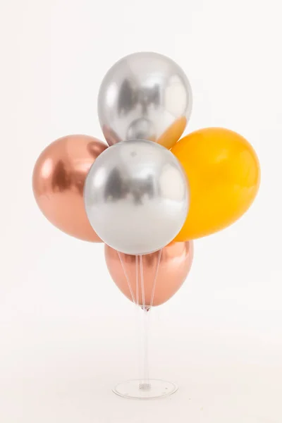 Silver Rose Gold Gold Metallic Balloons White Background Happy Birthday — Stock Photo, Image