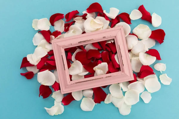 Бело Красные Лепестки Роз Розовой Рамой Синем Фоне День Святого — стоковое фото