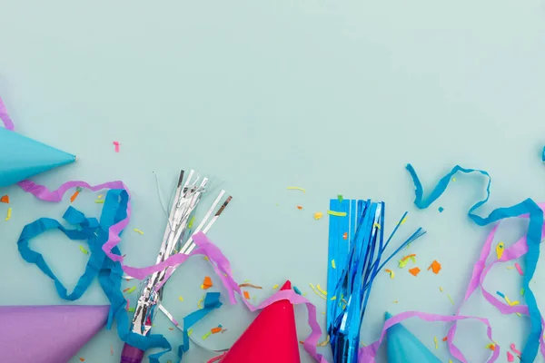 Party Hat Party Blowers Confetti Blue Background Happy Birthday Party — Stock Photo, Image
