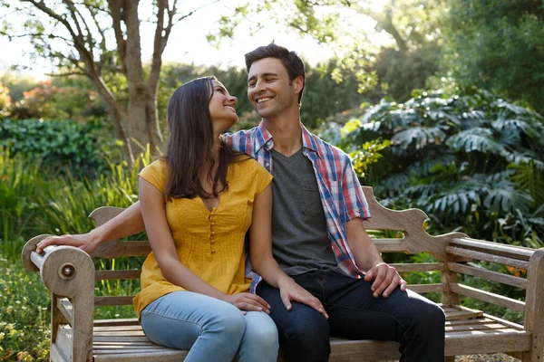 Caucasian Couple Spending Time Garden Sitting Wooden Bench Embracing Looking — Stock Photo, Image