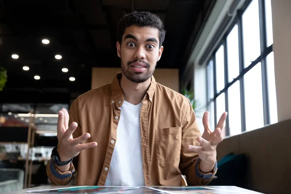 Mixed Race Businessman Talking Gesturing Video Call Creative Office Social — Stock Photo, Image