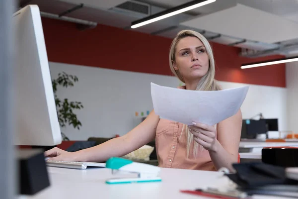 Caucasian Woman Working Modern Office Holding Documents Using Computer Social — Stock Photo, Image