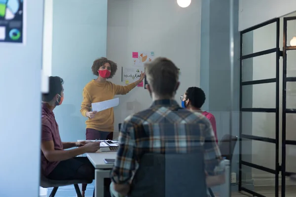 Diverse Group Colleagues Wearing Masks Office Meeting Sitting Talking Together — Stock Fotó