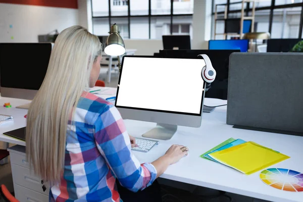 Caucasian Businesswoman Sitting Desk Creative Office Using Desktop Computer Social — Stok Foto