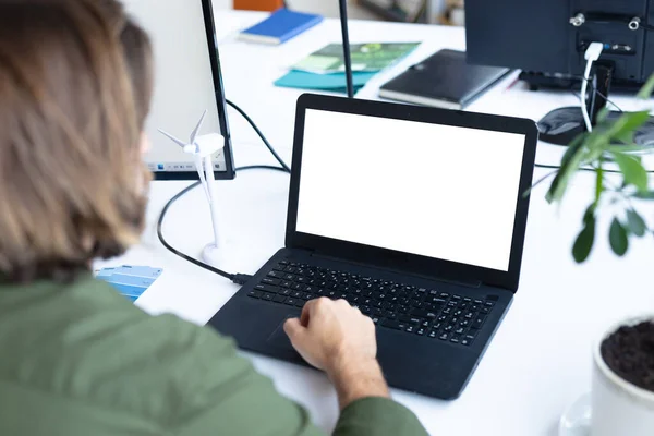 Caucasian Businessman Sitting Desk Using Laptop Computer Creative Office Social — Stok Foto