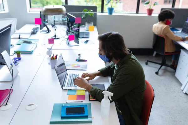 Caucasian Businessman Wearing Face Mask Creative Office Man Sitting Desk — Stok Foto