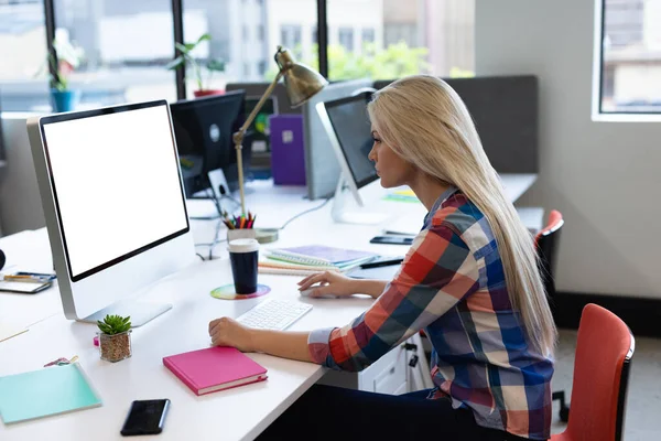 Caucasian Businesswoman Working Creative Office Woman Sitting Desk Using Desktop — Stock Photo, Image