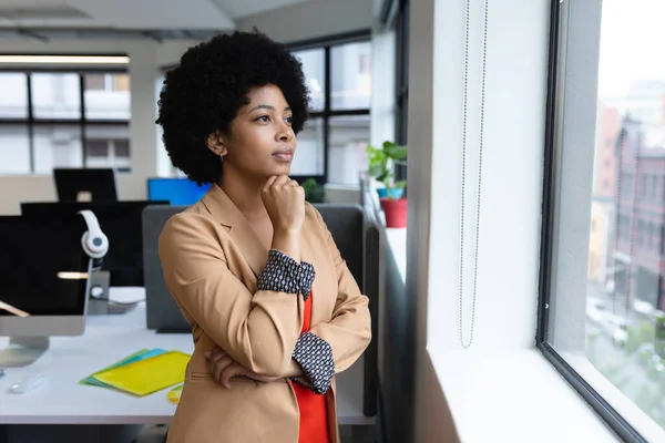 Mixed Race Businesswoman Working Creative Office Woman Standing Looking Window — Stok fotoğraf