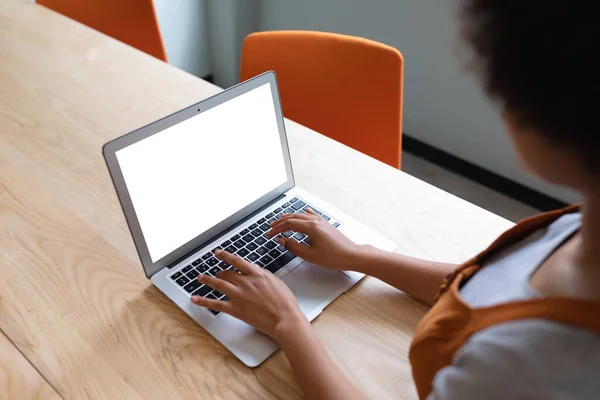 Mixed Race Businesswoman Working Creative Office Woman Sitting Table Using — Stok Foto