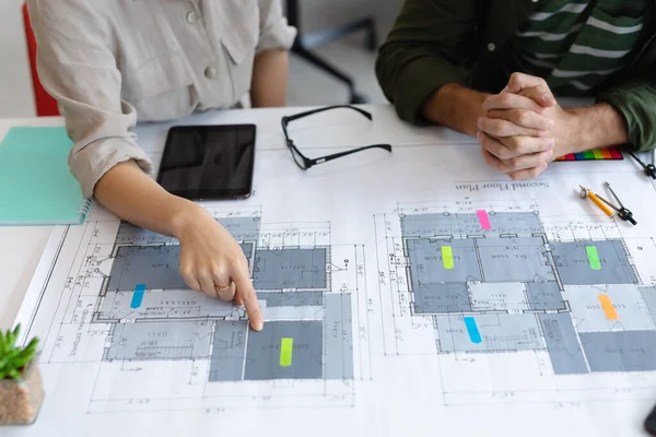 Midsection Diverse Male Female Colleague Looking Blueprints Discussing Business People — Stock Photo, Image