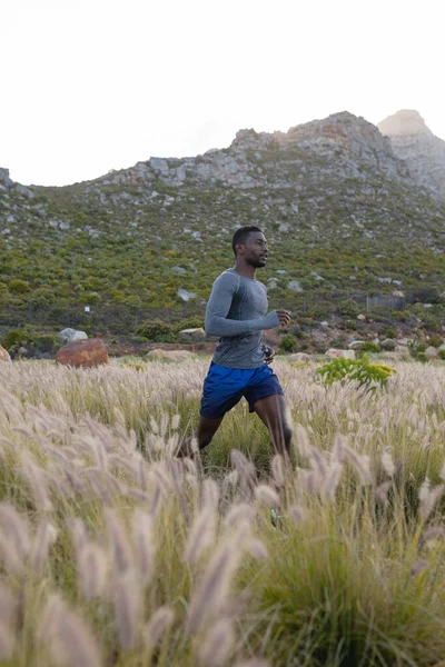 Κατάλληλος Αφροαμερικάνος Αθλητικά Τρέχει Στο Ψηλό Γρασίδι Υγιεινός Τρόπος Ζωής — Φωτογραφία Αρχείου