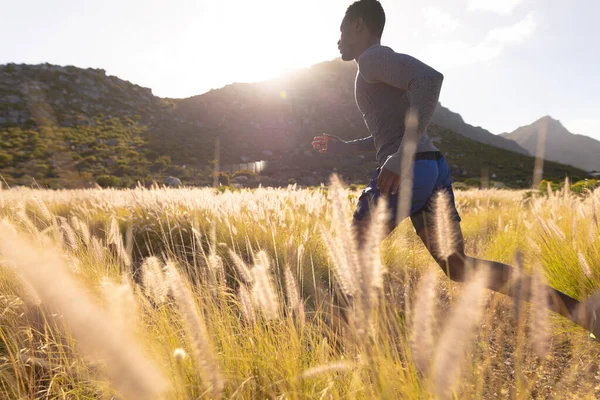 Spor Giyimli Afro Amerikan Bir Adam Uzun Otların Arasında Koşuyor — Stok fotoğraf