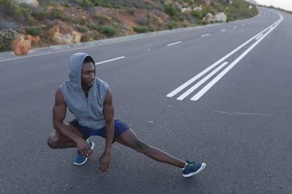 Fit African American Man Sportswear Stretching Coastal Road Healthy Lifestyle — Stockfoto