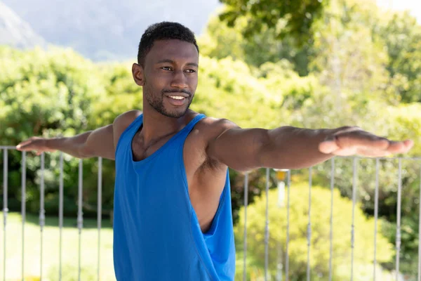 African American Man Exercising Practicing Yoga Sunny Garden Terrace Staying — Stock Photo, Image