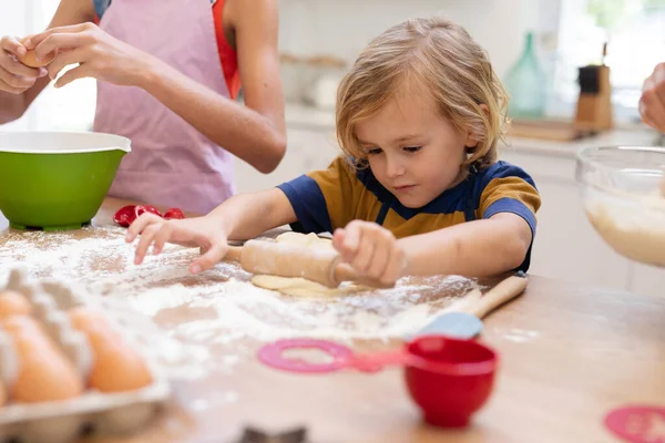 Caucasian Boy Kitchen Rolling Dough Sister Wearing Aprons Baking Cookies — Stock Photo, Image